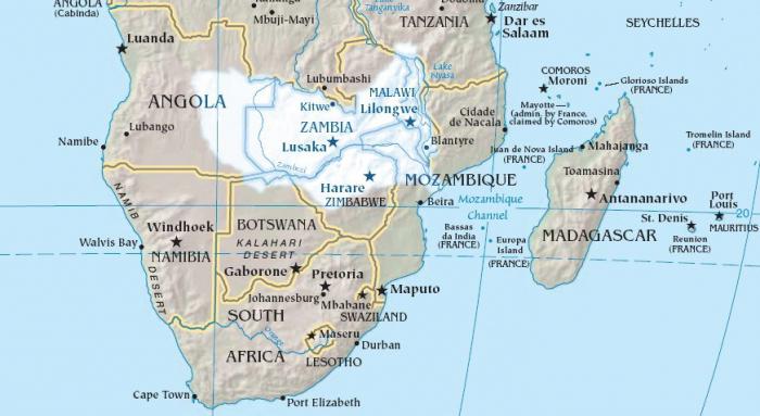 แม่น้ำ zambezi บนแผนที่ของทวีปแอฟริกา 